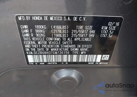 2016 Honda Hr-V Lx из США, поврежденный, VIN 3CZRU6H37GM736156